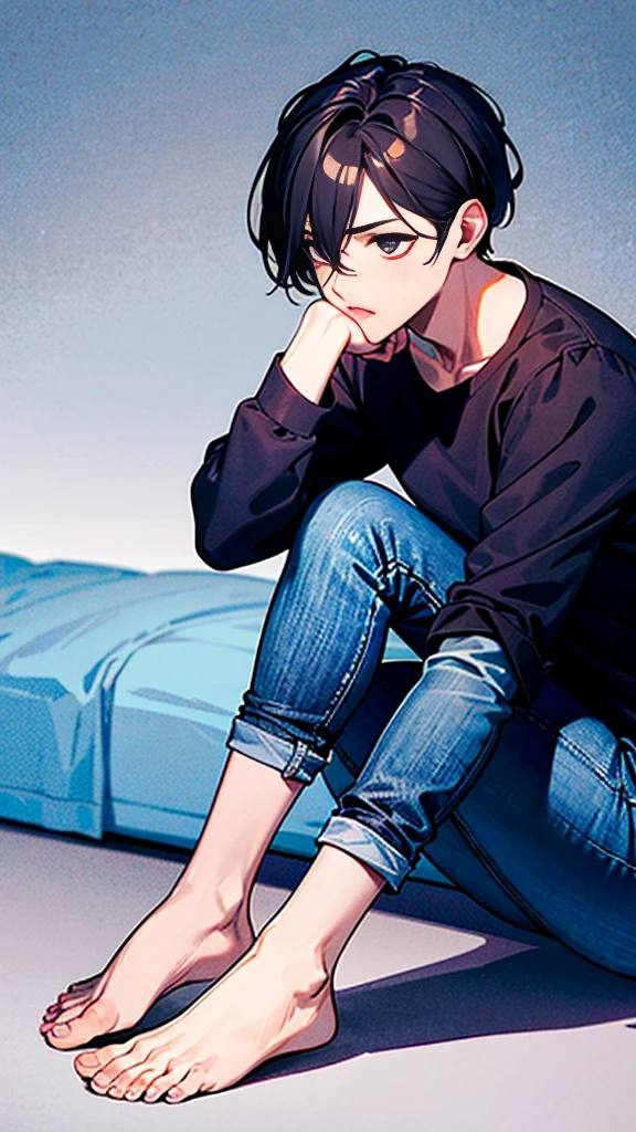 The person is also generated vertically.Background is a little horror.Create a highly detailed image of a mysterious and thoughtful young man in a crouched position. The character should have spiky black hair, large expressive eyes with dark circles, and a pale complexion. He is dressed in a loose-fitting white long-sleeve shirt and dark blue jeans. His pose is distinctive, with one hand near his mouth and the other resting on the ground for balance, and he is barefoot.