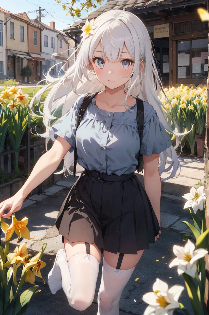 1girl, beautiful detailed eyes, long white hair, light grey eyes, , high white stocking, vivid, flower, daffodil, hyacinth, falling petals, , high contrast, ((masterpiece, best quality)), cinematic light, cinematic composition