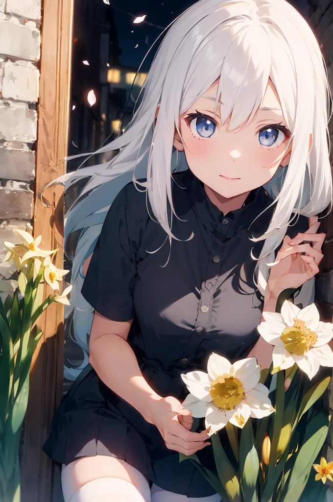 1girl, beautiful detailed eyes, long white hair, light grey eyes, , high white stocking, vivid, flower, daffodil, hyacinth, falling petals, , high contrast, ((masterpiece, best quality)), cinematic light, cinematic composition