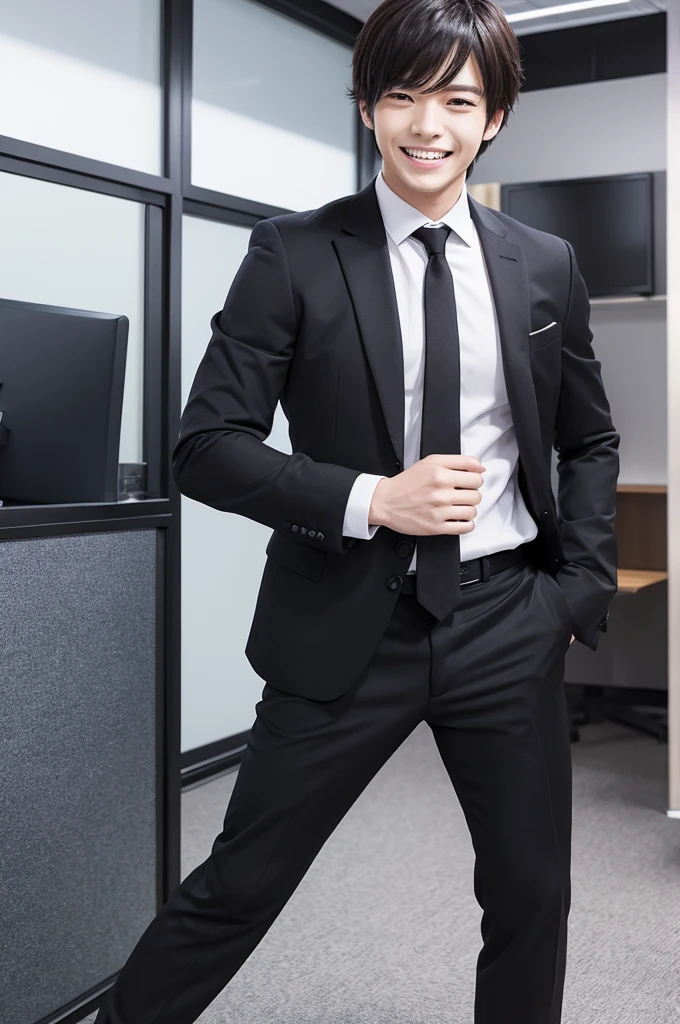 high resolution male Anime Style New social person Black suit excited smile office