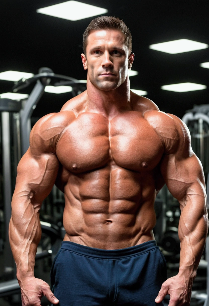 bodybuilder man, 30 years old, hyper muscle, huge body, shirtless, at the gym, masterpiece