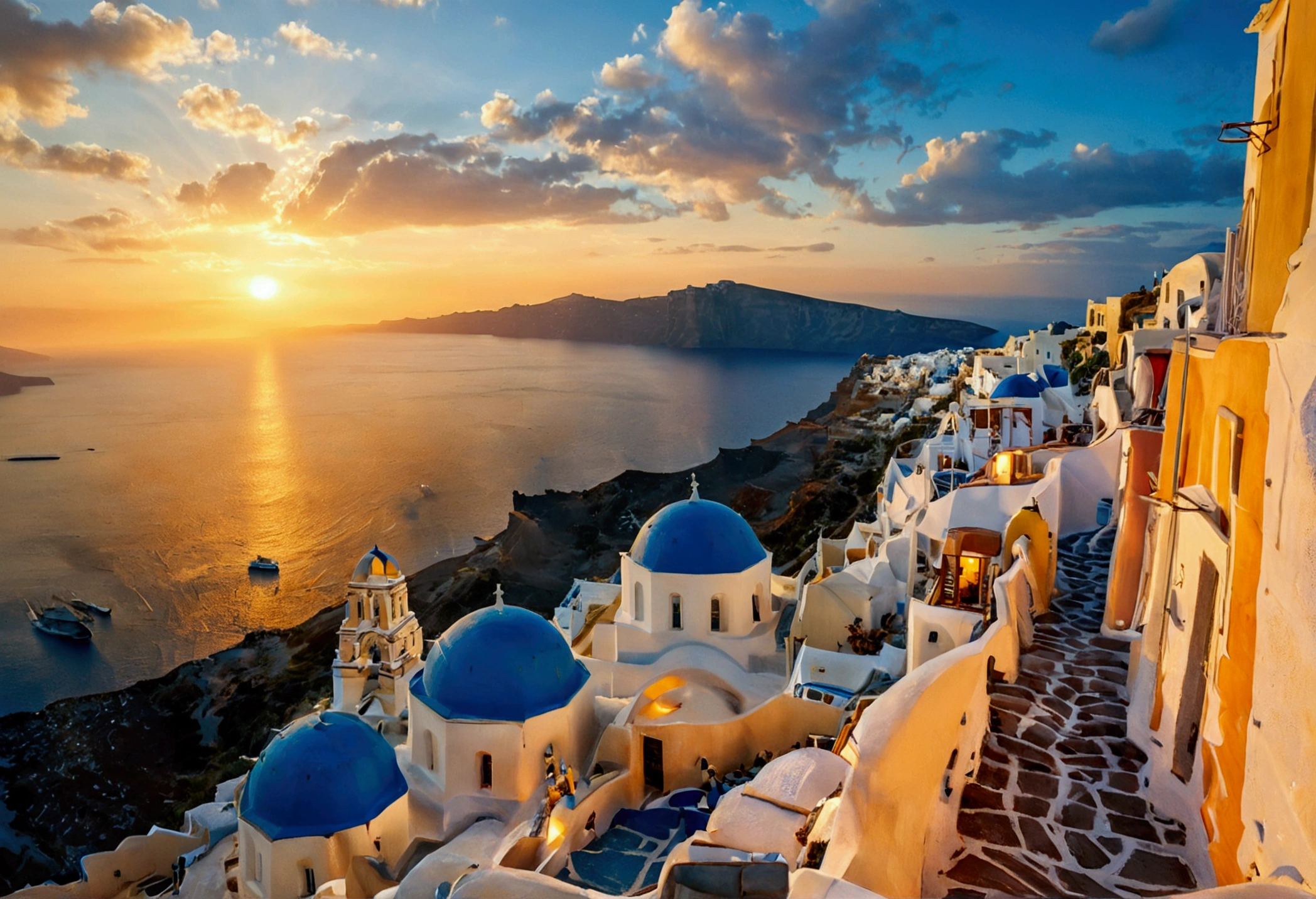 Santorini at sunset, Photography, inspired by Ansel Adams, a sweeping view of the white-washed buildings with blue domes cascading down the cliffs towards the shimmering Aegean Sea, bathed in golden hues of the setting sun, using a 35mm lens, the scene exudes a warm color temperature, capturing the serene expressions of a few scattered tourists in awe, with natural lighting enhancing the tranquil atmosphere.