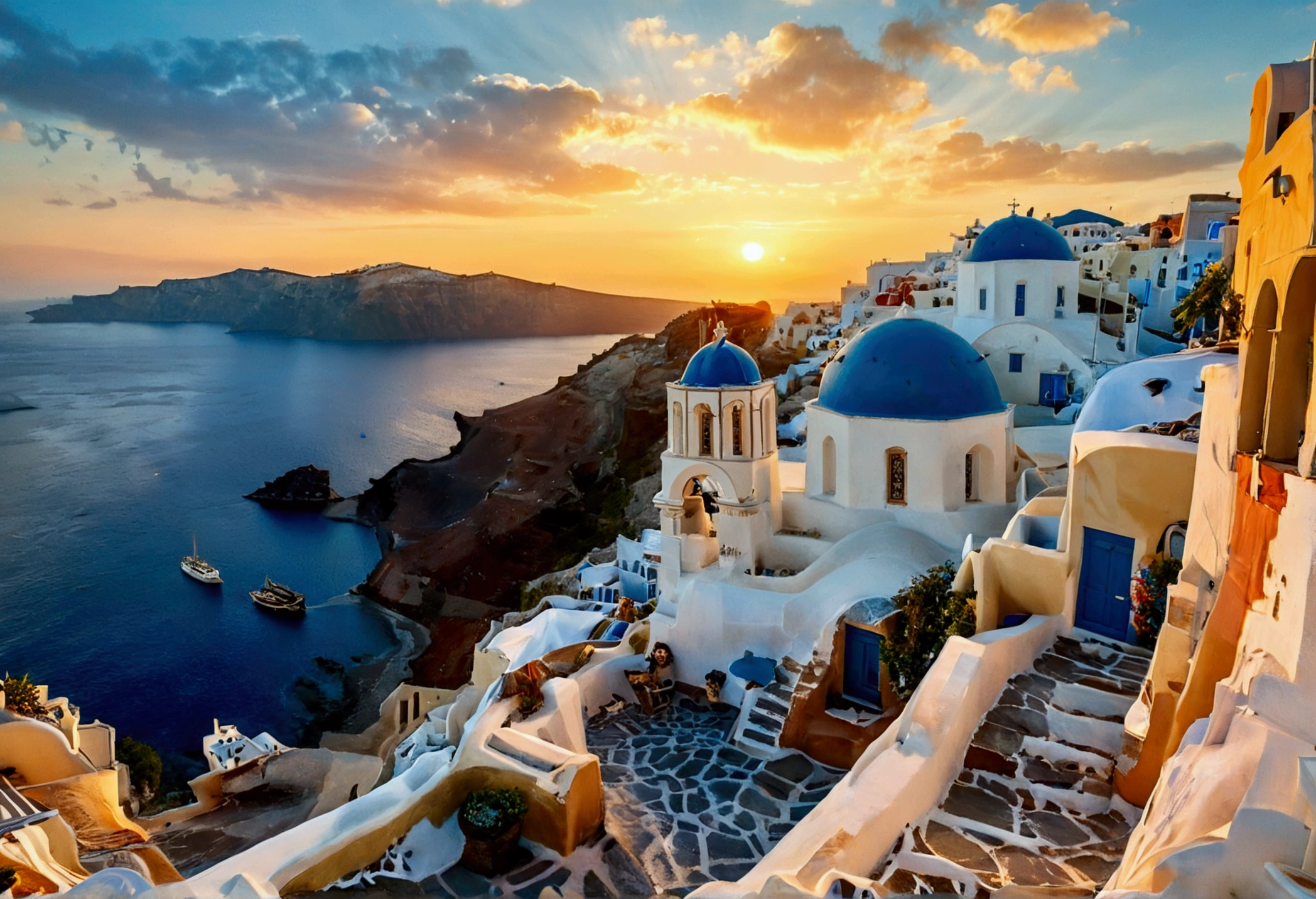 Santorini at sunset, Photography, inspired by Ansel Adams, a sweeping view of the white-washed buildings with blue domes cascading down the cliffs towards the shimmering Aegean Sea, bathed in golden hues of the setting sun, using a 35mm lens, the scene exudes a warm color temperature, capturing the serene expressions of a few scattered tourists in awe, with natural lighting enhancing the tranquil atmosphere.