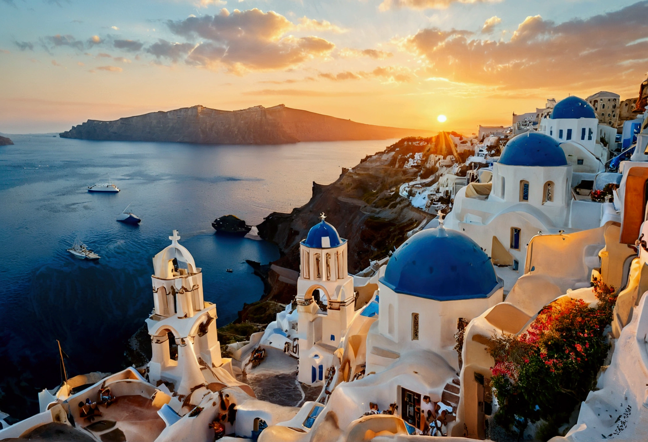 Santorini at sunset, Photography, inspired by Ansel Adams, a sweeping view of the white-washed buildings with blue domes cascading down the cliffs towards the shimmering Aegean Sea, bathed in golden hues of the setting sun, using a 35mm lens, the scene exudes a warm color temperature, capturing the serene expressions of a few scattered tourists in awe, with natural lighting enhancing the tranquil atmosphere.