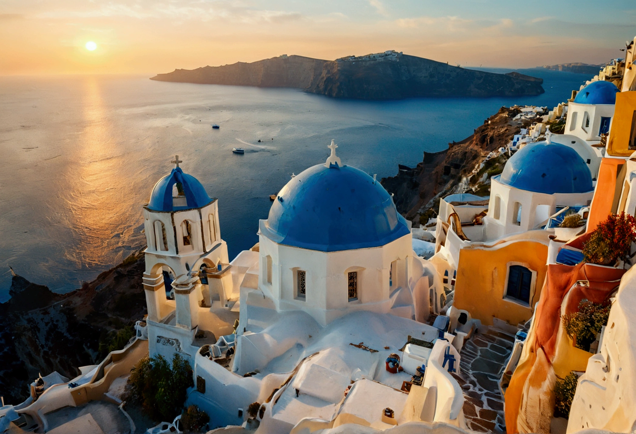 Santorini at sunset, Photography, inspired by Ansel Adams, a sweeping view of the white-washed buildings with blue domes cascading down the cliffs towards the shimmering Aegean Sea, bathed in golden hues of the setting sun, using a 35mm lens, the scene exudes a warm color temperature, capturing the serene expressions of a few scattered tourists in awe, with natural lighting enhancing the tranquil atmosphere.