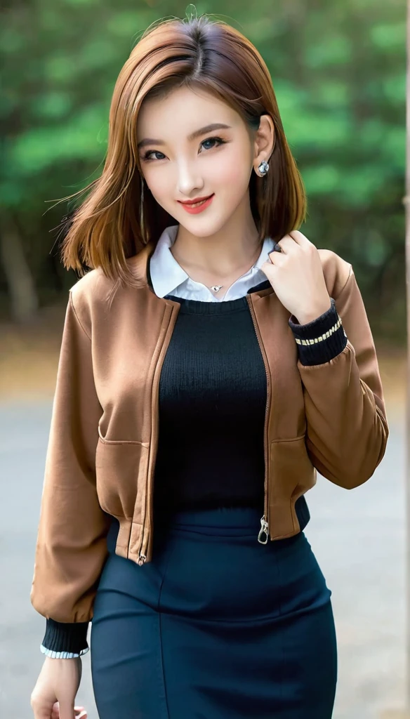 One girl, Ahoge, bangs, black skirt, black sweater, Blue Claws, Blurred, Blurred background, chest, Brown eyes, Brown Hair, brown Jacket, Mouth closed, Day included, Day, Depth of written boundary, Earrings, eyelash, Raise your hand, Tilt your head, Jacket, jewelry, Long Hair, Long sleeve, View Viewer, medium chest, Manicure, Open clothes, open Jacket, Outdoor, Pursed lips, Tucked in shirt, Side Lock, skirt, Sleeves are longer than the wrist, alone, sweater, Upper Body, zipper, smile, ((masterpiece)), 