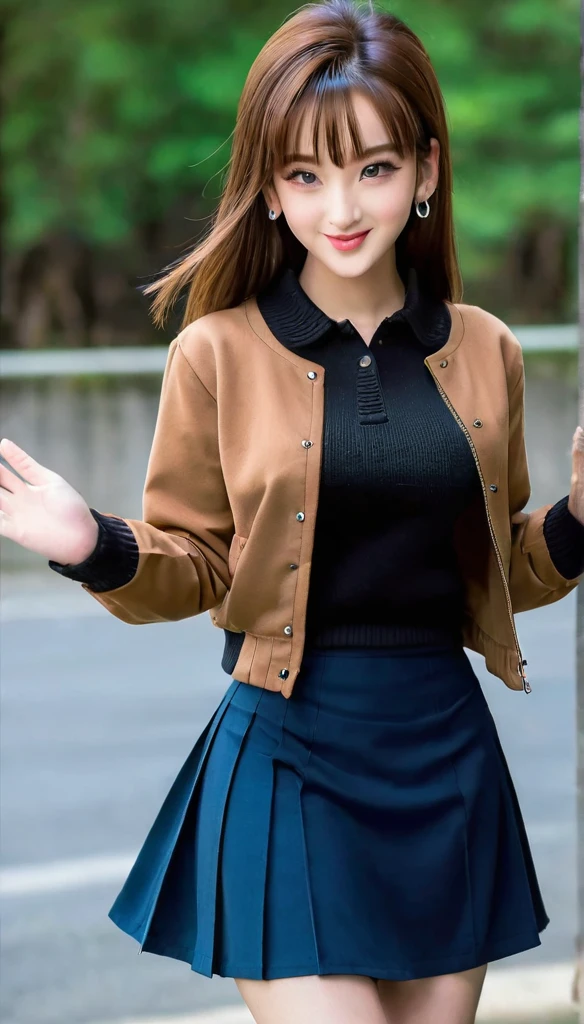 One girl, Ahoge, bangs, black skirt, black sweater, Blue Claws, Blurred, Blurred background, chest, Brown eyes, Brown Hair, brown Jacket, Mouth closed, Day included, Day, Depth of written boundary, Earrings, eyelash, Raise your hand, Tilt your head, Jacket, jewelry, Long Hair, Long sleeve, View Viewer, medium chest, Manicure, Open clothes, open Jacket, Outdoor, Pursed lips, Tucked in shirt, Side Lock, skirt, Sleeves are longer than the wrist, alone, sweater, Upper Body, zipper, smile, ((masterpiece)), 