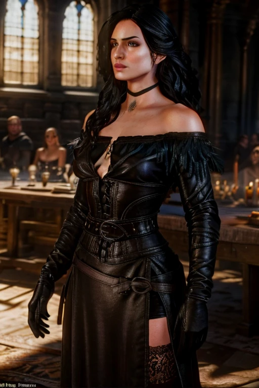 Yenifer from The Witcher half naked in revealing clothes among a crowd of people in a medieval royal hall, Shows off the chest, people around art 3D realistic superrealism 