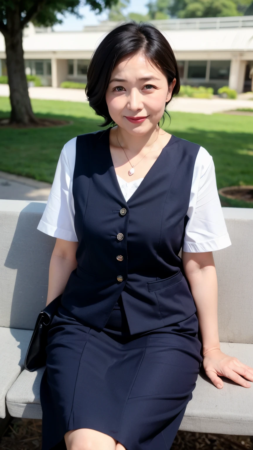 最high quality, In 8K, Masseter region, Vibrant, Sharp focus, high quality, High resolution, Detailed face, fine grain, Thick lips, (Looking at the audience), alone, Beautiful woman, 38 years old, Japanese women, （Short black hair:1.4）、（Bob Hair:1.4）, Cleavage, Lunch break、Large city park、Green Grass、In front of a big fountain、（sitting on a park bench:1.3）、（Full body photo:1）、（Japanese women）、（Mitsubishi Bank uniform:1.8）, （She is wearing a dark blue vest over a white blouse:1.5）, The vest has three gold buttons, （red, Blue and white ribbon around neck）、（Knee-length dark blue skirt）、（Black pumps:1.5）、（red lipstick:1）、（smile:1.3）、（standard body type）、（D cup breasts）