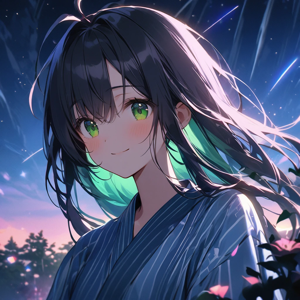a photo of starlystarscloud with star lights background, blue hour, SIGMA 85 mm F/1.4, 1/10 sec shutter, ice_photography, double exposure prism, 1girl, great smile, in morning_glory pattern white_yukata, (detailed green eyes, jet-black long_hair, colored inner green ombre hair multicolored hair,antenna hair):1.21,BREAK For example, even if I'm wrong It was honest because there was sadness flowing away There is no strength greater than silence What should I wait for in the words? flowing away Nothing is certain I just love you The trunk is bright and the sun shines through the trees. The girl's black hair is frustrating what do you want what do you want I stumbled on my casual days, I became a man who counts stars flowing away An invitation from someone far away is attractive But even in the wandering wind Missed the train flowing away I forgot something about my heart That's all she needs I wouldn't say I'm happy, but It's not my fault to be unhappy what do you want what do you want (The falling stars are beautiful now:1.33) It's just that sad The shooting star faintly disappears Don't leave any memories behind what do you want what is it that i wanted