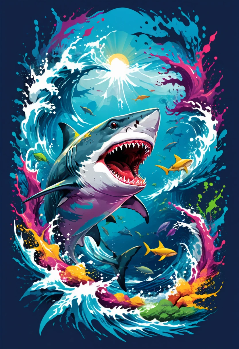 A t-shirt with vector art of a colorful shark illustration, At the center, swirly vibrant colors, paint splashes and smears, high détail,Hawaii Background (artwork, best quality, proffesional, perfect composition, very aesthetic, absurdrez, super verbose, Intricate details:1.3)