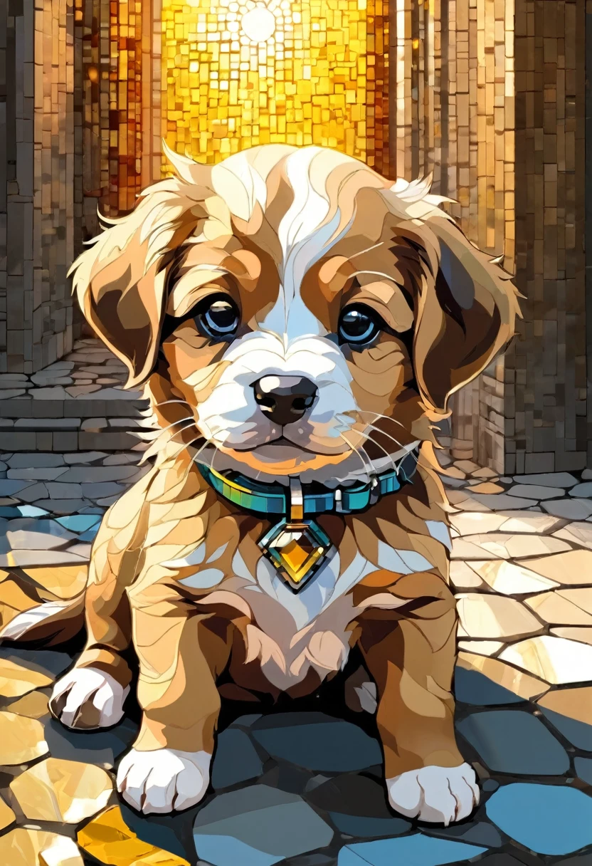 Portrait of a puppy Adventurer ,radiant mosaic:1.2, Catch the sun:0.8, Inject warmth and energy into a space like shards of glass:0.4 Flash and dance.