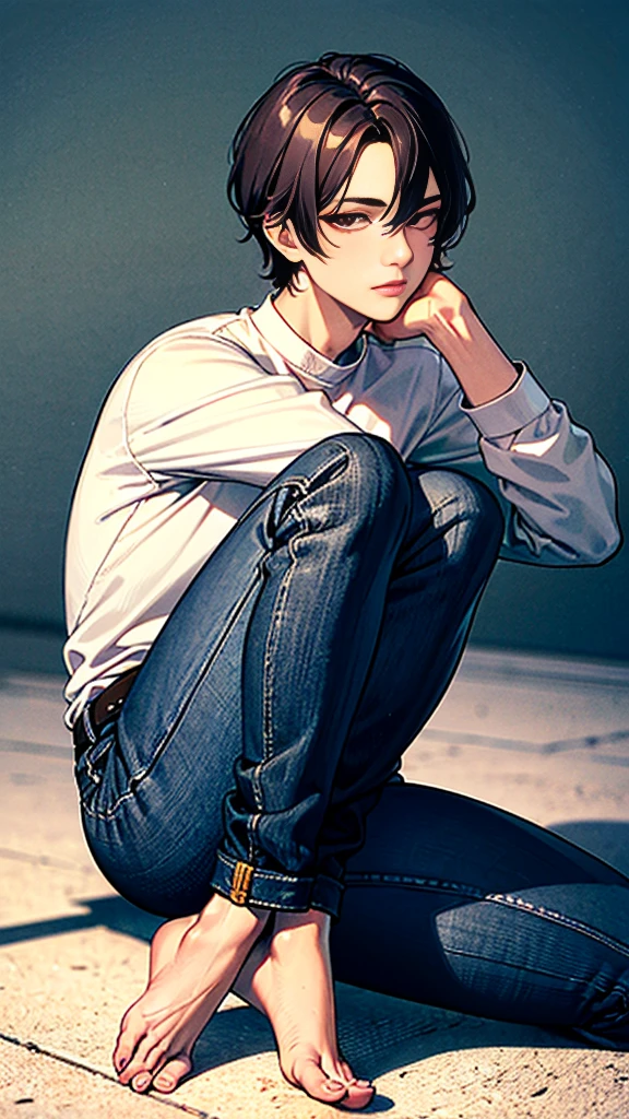 The person is also generated vertically.Background is a little horror.Create a highly detailed image of a mysterious and thoughtful young man in a crouched position. The character should have spiky black hair, large expressive eyes with dark circles, and a pale complexion. He is dressed in a loose-fitting white long-sleeve shirt and dark blue jeans. His pose is distinctive, with one hand near his mouth and the other resting on the ground for balance, and he is barefoot.