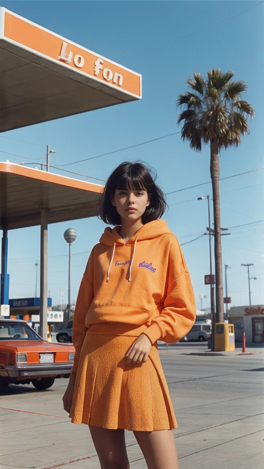 photo cinematic photograph long shot portraits by Wes Anderson, cute 23 yo girl ,fokus, bokeh ,wear ((orange color oversized_hoodie)), wear ((purple tennis skirt)),looking front,Best Quality,Masterpiece,Ultra High Resolution,(Realisticity:1.4),Original Photo, 1Girl, light leak,ultra high resolution,UHD,beautiful, (black bob hair), almond eye, no makeup, in front of ((80's los angles gas station)), (realistic:1.2), (surreal:1.3), (very detailed:1.1), ((masterpiece)),summer, blue sky, palm trees,sunny, los angles vibes,film camera, 800mm lens,style of Philip Lorca diCorcia