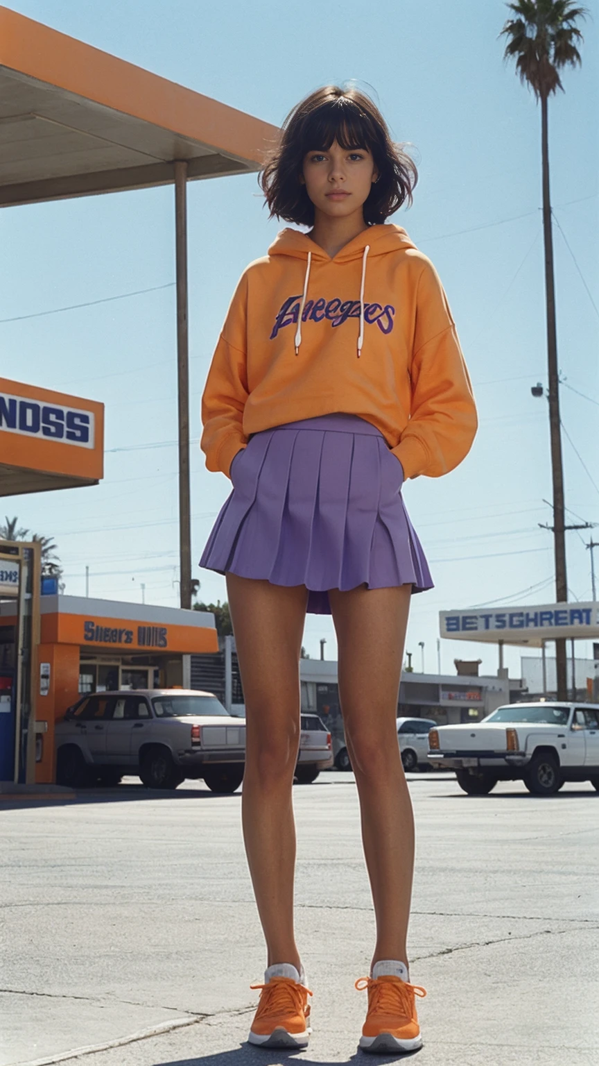 photo cinematic photograph long shot portraits by Wes Anderson, cute 23 yo girl ,fokus, bokeh ,wear ((orange color oversized_hoodie)), wear ((purple tennis skirt)),looking front,Best Quality,Masterpiece,Ultra High Resolution,(Realisticity:1.4),Original Photo, 1Girl, light leak,ultra high resolution,UHD,beautiful, (black bob hair), almond eye, no makeup, in front of ((80's los angles gas station)), (realistic:1.2), (surreal:1.3), (very detailed:1.1), ((masterpiece)),summer, blue sky, palm trees,sunny, los angles vibes,film camera, 800mm lens,style of Philip Lorca diCorcia