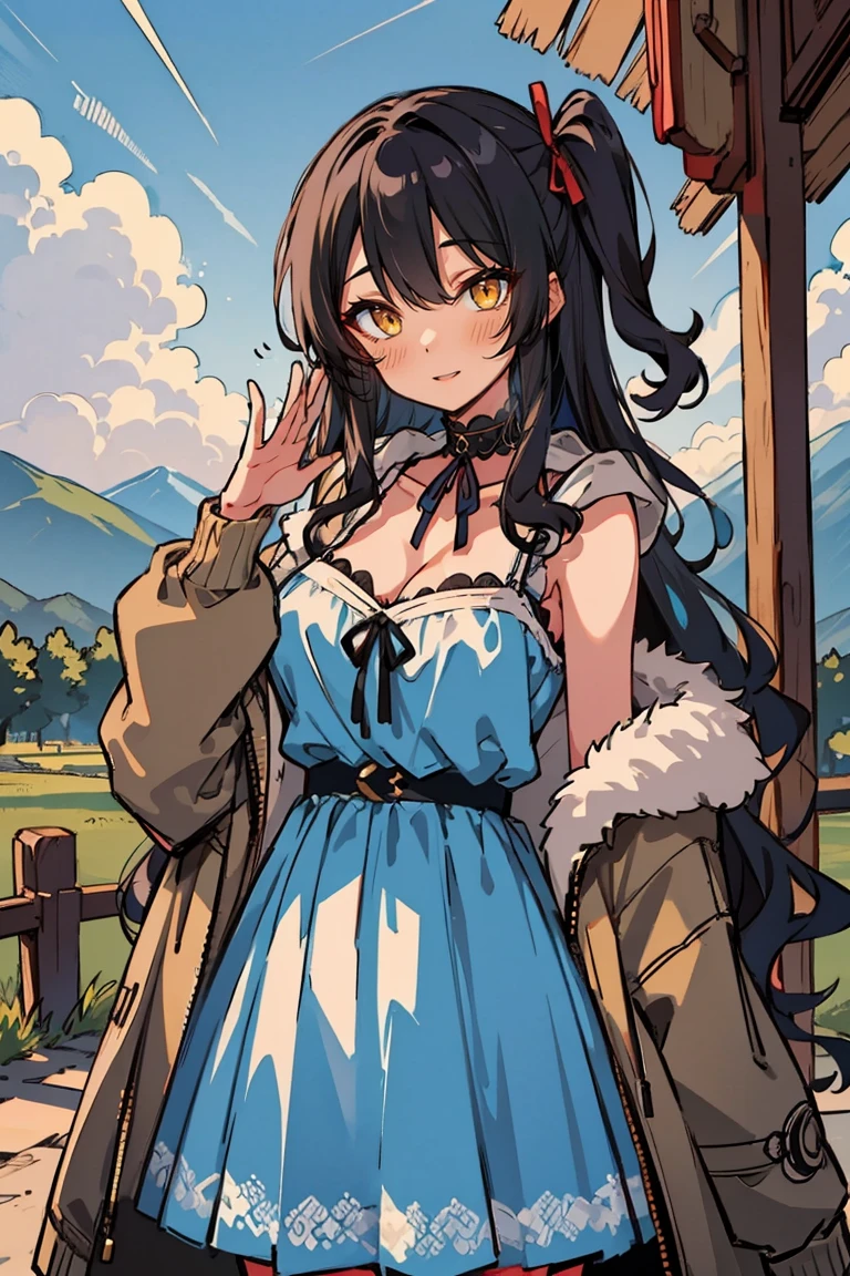 (masterpiece:1.2), (high quality:1.2), (hui xiyi:0.7), rekkyo sensen, rekkyou sensen, girls with((1girl, solo, chinese girl, black hair, yellow eyes, (wavy long hair, one side up:1.3), blush, breasts, choker, cleavage, coat, cowboy shot, blue lace dress, blue camisole dress, black ribbon belt, red bow, red ribbon, neck ribbon, fur, khaki jacket, hood down, hooded coat, hooded jacket, hoodie, jacket, large breasts, long hair, long sleeves, medium breasts, open clothes, open coat,open hoodie, sleeveless, winter clothes, zipper, cleavage, upper body, hand up, waving, palm)), background with((architecture, blue sky, bush, castle, village, no humans, cloud, cloudy sky, day, field, garden, grass, hill, house, lamppost, landscape, mountain, mountainous horizon, nature, no humans, outdoors, scenery, shrine, sky))