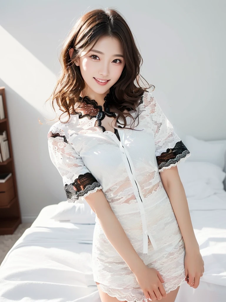 (Highest quality:1.9)、(High resolution)、Live-action image quality、((20-year-old woman、1 person))、Soft lighting by a professional photographer、Natural light、((Very spacious white luxurious room:1.6))、((Bright white room:1.6))、(Standing in front of a very luxurious white bed:1.2)、(White bookshelf background:1.1)、Natural soft light、((Black Hair Color:1.1))、Fair skin、Detailed Eyes、double eyelid、Slightly puffy cheeks、((Small Face:1.0))、((White lace short sleeve shirt、Please wear it with the chest open.:1.7))、((White and black striped skirt:1.2))、(Cute Smile)、((Girly pose 1.8))、((Long curly hair:1.1))、((Full Body Shot:1.2))、((Height: 165cm))、Hands in front、Hold hands between legs、