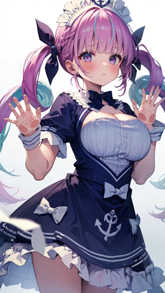 (Ultra-high resolution,masterpiece, Attention to detail, Highest quality), 8K,(aaaqua, twintails, drill hair, maid headdress, cleavage, short sleeves, wrist cuffs),(Blessed,Captivating body、Ultra-detailed skin、Super beautiful eyes、Detailed Background),One girl, (breasts_on_Glass,breast press, against Glass, hands on Glass:1.5),window fog, embarrassed, (white background:1.7), (from front:1.3),Perfect five-finger, big breasts