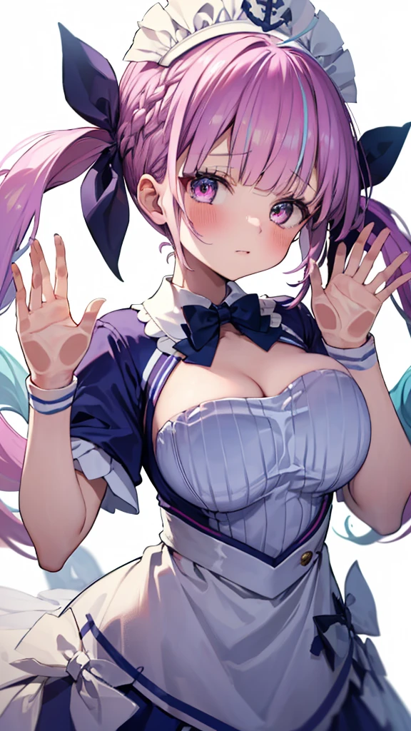 (Ultra-high resolution,masterpiece, Attention to detail, Highest quality), 8K,(aaaqua, twintails, drill hair, maid headdress, cleavage, short sleeves, wrist cuffs),(Blessed,Captivating body、Ultra-detailed skin、Super beautiful eyes、Detailed Background),One girl, (breasts_on_Glass,breast press, against Glass, hands on Glass:1.5),window fog, embarrassed, (white background:1.7), (from front:1.3),Perfect five-finger, big breasts