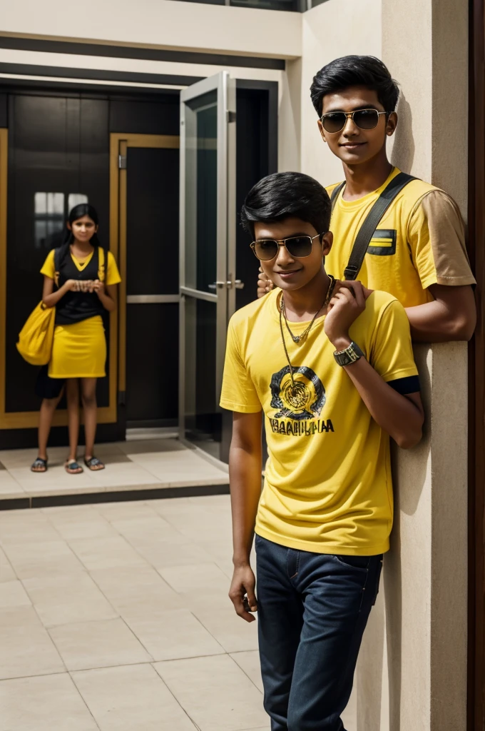 A real16 years old Bangladeshi boy standing looking out, holding the angle of the door of a real moving college,and on hand taking a rose wearing a yellow T shirt with jacket with Siam clearly written on it white letters and smiling some blurred people standing at the station stylish black hair sunglasses smart watch necklace bracelet and earbuds very beautiful scene 4k ultra quality image 