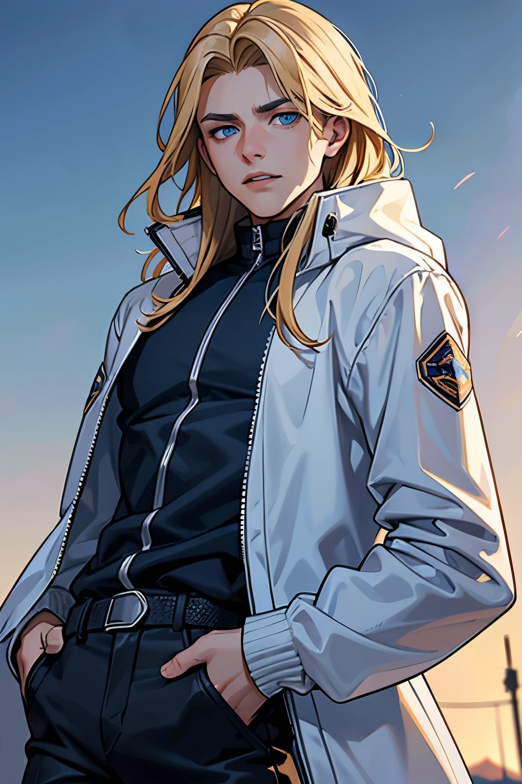 Beautiful young man, stark, with medium blonde hair down to the neck, shining blue eyes, serious, cut scar next to mouth, showing teeth ,de Jaqueta Parka Windbreaker Plus jovem cinza, black pants, flat land, realisitic, Full HD, best qualityer