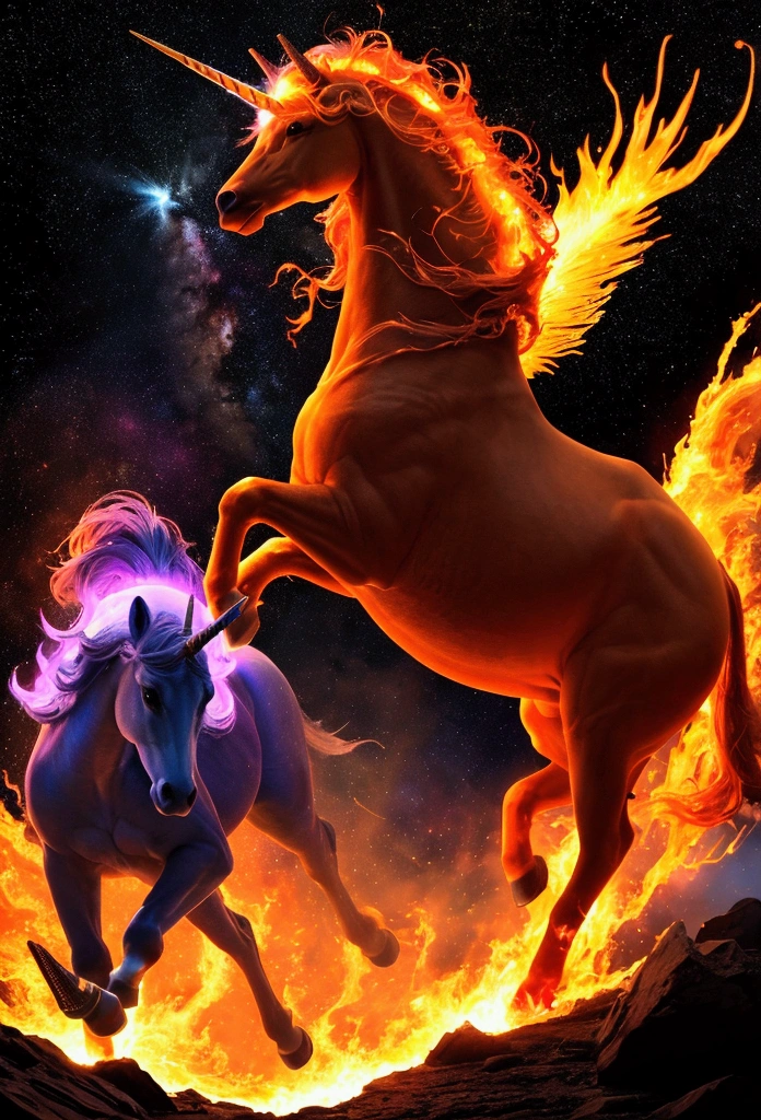 "Epic cosmic scene of two flaming unicorns, male and female, galloping across solar flares, majestic sun in background erupting with powerful flares, unicorns' manes and tails made of vibrant fire, hooves leaving trails of sparks, male unicorn with larger horn and muscular build, female unicorn more slender and graceful, both with glowing eyes reflecting solar energy, dynamic pose capturing motion, swirling cosmic flames and plasma surrounding the unicorns, intense heat distortion effects, hyper-realistic rendering, rich warm color palette dominated by yellows, oranges, and reds, dramatic lighting from the sun, photorealistic details of unicorn fur transitioning into flames, awe-inspiring composition, 32K resolution,