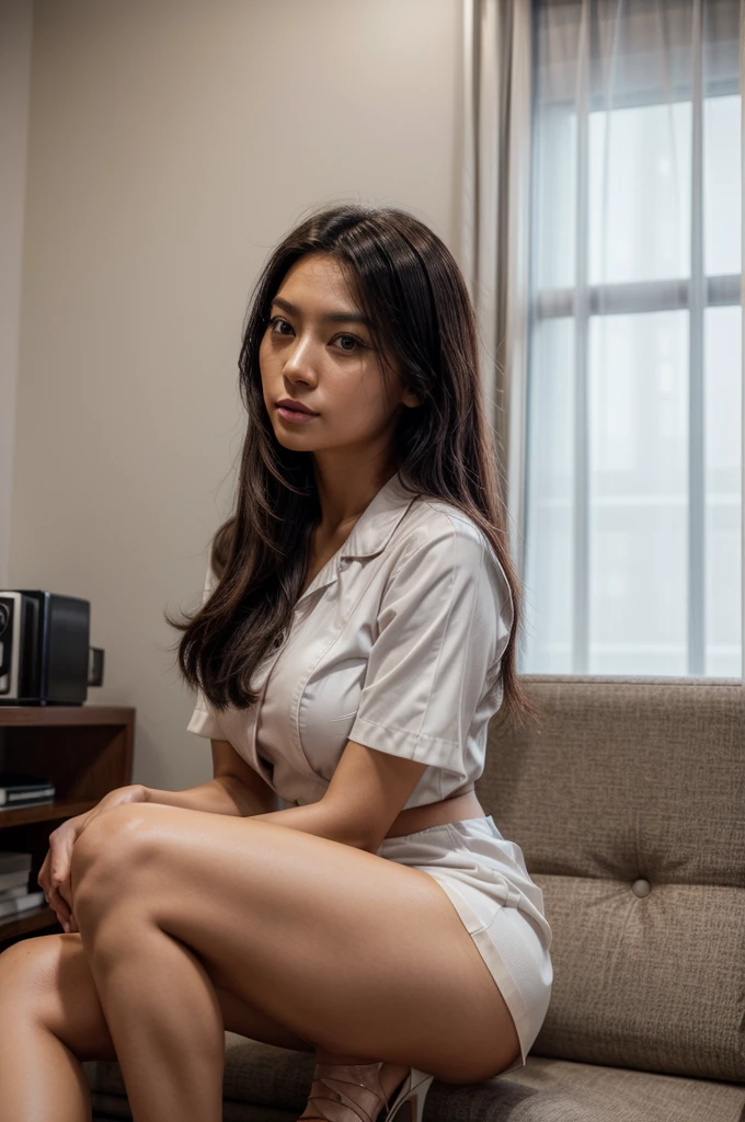 [[((young attractive Singaporean woman with strong Chinese Asian influence, a brown tanned complexion, long straight dark black hair, striking almond-shaped dark brown eyes, and a  frame:1.6)), ((Sophie Tan:1.5)), posing confidently in a hospital setting as a sexy nurse. She is wearing ((a tight-fitting white nurse uniform with a short skirt, white stockings, and high heels:1.4)). Her hair is styled in a neat ponytail, and she is holding a stethoscope seductively. The background features a modern hospital room with medical equipment. The scene is captured with a ((full-frame DSLR:1.4)) using a ((24-70mm zoom lens:1.4)) to keep Sophie in sharp focus while the background is slightly blurred. Professional lighting enhances her natural features and the details of her outfit. The image should be in ((8K resolution:1.5)) with ((hyper-realistic detail:1.6)). The focus is entirely on Sophie’s sexy nurse uniform, her confident pose, and her seductive expression, capturing her essence perfectly for an Instagram photo.]]
