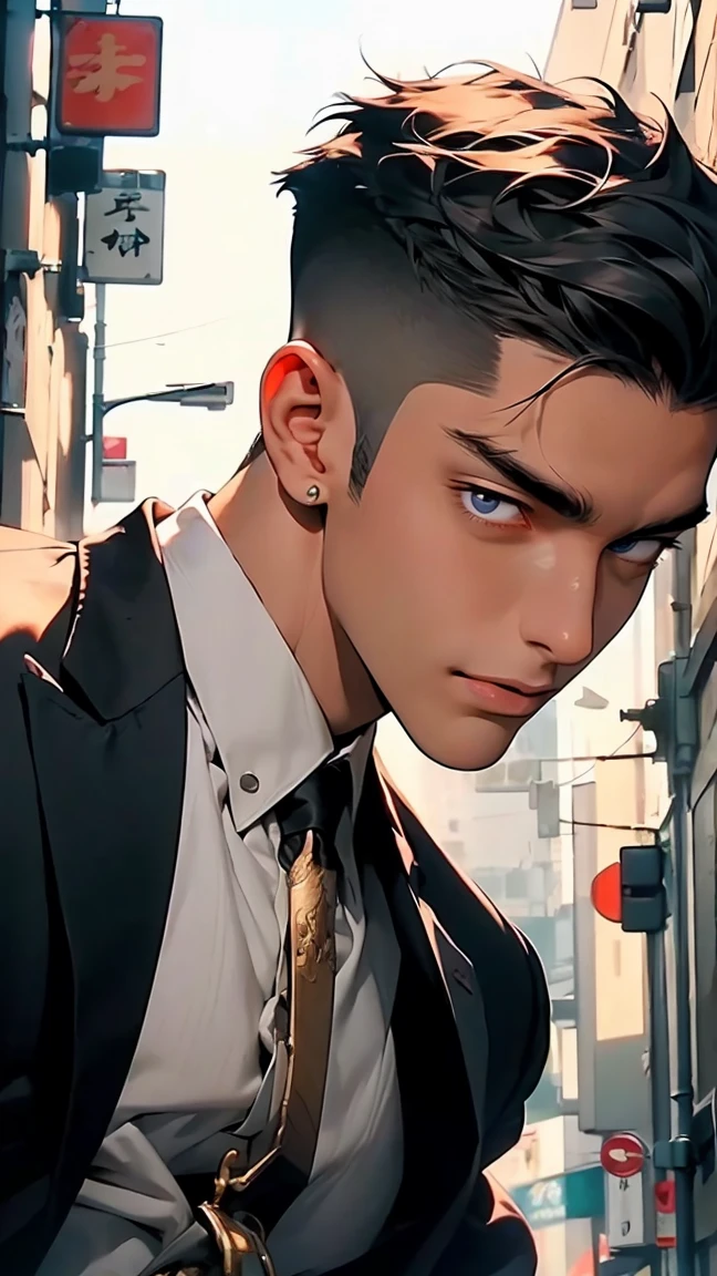 highest quality, 8K, high resolution image, anime style Jujutsu Kaisen, detailed strokes, slightly tanned skin, blurry, smile, purple light reflecting from it, (close angle), 1 man, young, male, model, cool guy, muscular, blue Eyes, brown very short hair, brown hair, short hair, hairstyle: undercut, hair slicked back, swollen chest, he is wearing a white shirt, collar, black suit trousers,, hand in trouser pocket, gold link chain, background: city, Tokyo, business district