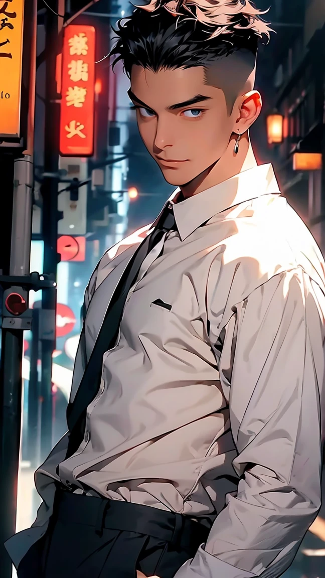 highest quality, 8K, high resolution image, anime style Jujutsu Kaisen, detailed strokes, slightly tanned skin, blurry, smile, purple light reflecting from it, (close angle), 1 man, young, male, model, cool guy, muscular, blue Eyes, brown very short hair, brown hair, short hair, hairstyle: undercut, hair slicked back, swollen chest, he is wearing a white shirt, collar, black suit trousers,, hand in trouser pocket, gold link chain, background: city, Tokyo, business district