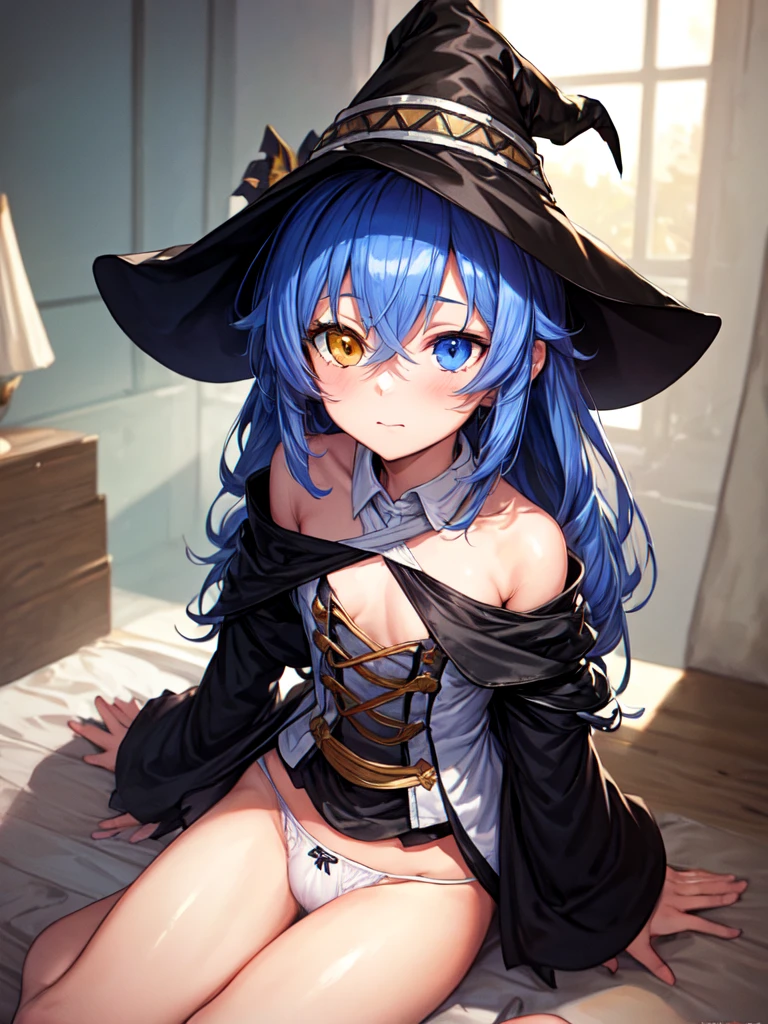 (masterpiece, Highest quality), One girl, roxy migurdia(Mushoku Tensei), One girl, alone, Small breasts, Long Hair, Blue Hair, Witch Hat, Magic Runs Out, Weakness, Prone, Heterochromia iridis, White panties, Black Ribbon, Taking off