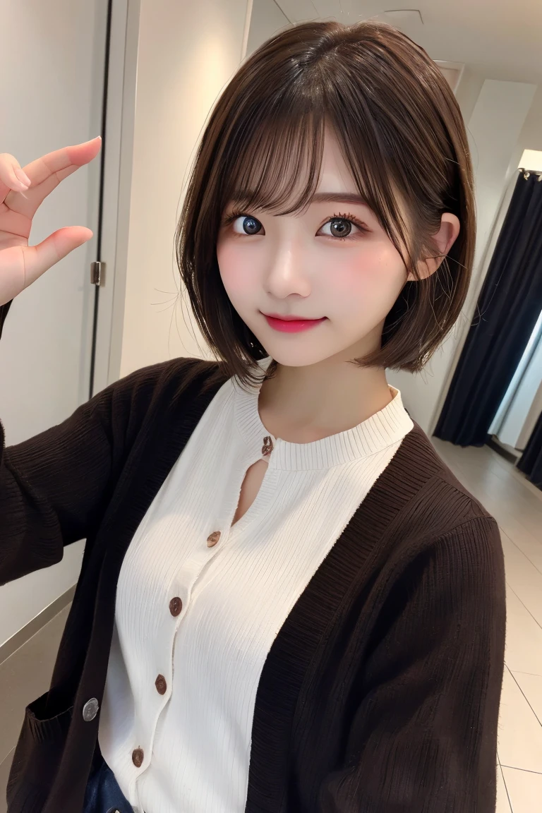 Highest quality、（beautiful）、Precision Eyes、Fine skin、Brown eyes、22-year-old female、Brown Hair、looking at the camera、Gal、Semi-short hair、Long sleeve cardigan、Selfie、Precision Hands、Removed button、hot spring