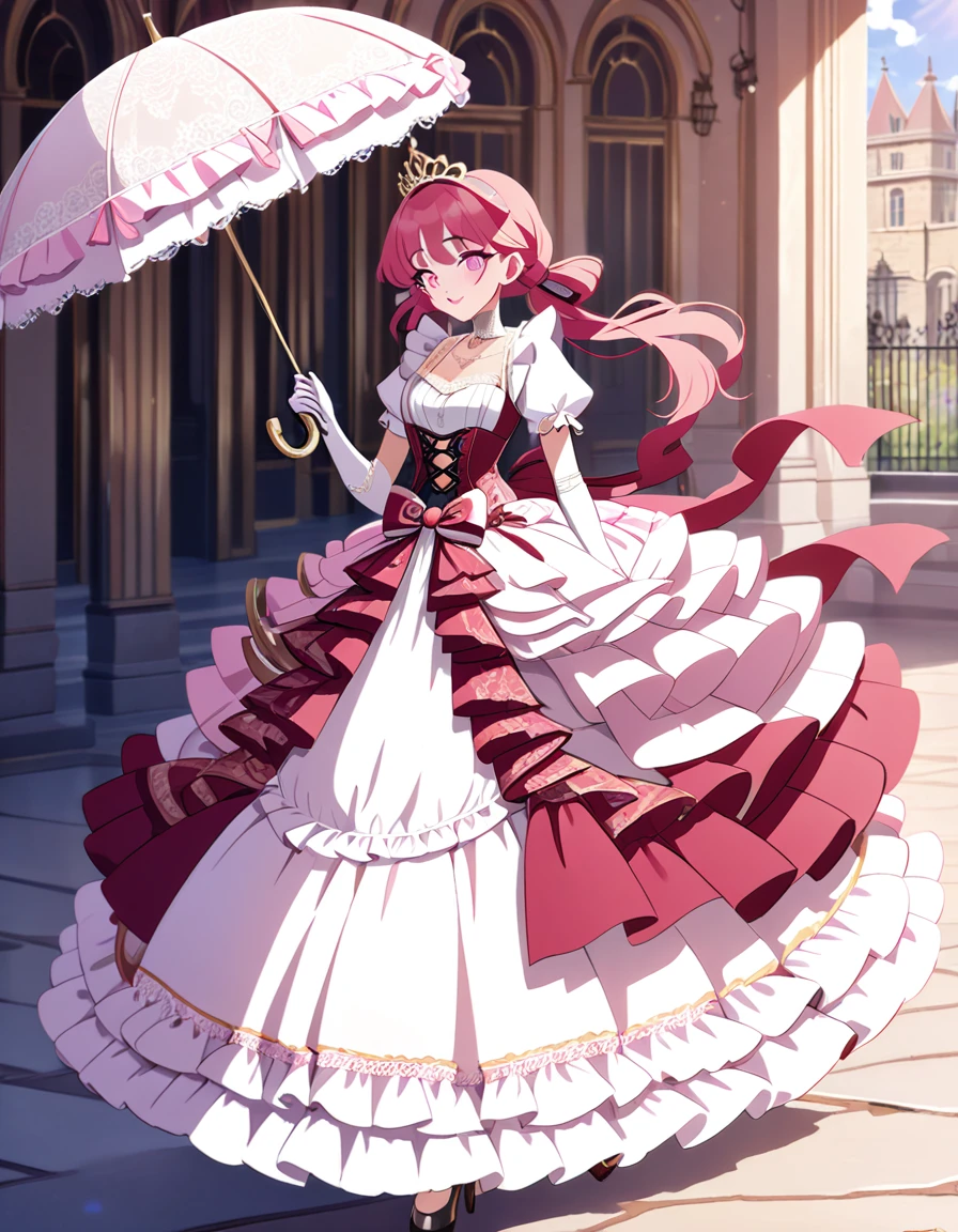 (best quality,4k,8k,highres,masterpiece:1.2),ultra-detailed, Pretty 15 years old princess, drawn in anime style, is cute and joyful, long red pigtails hair, pink eyes, small breast, lipstick, makeup, pink eyeshadow, steampunk, red and white princess gown with puffy sleeves, Dominant shades of red, physically-based rendering,gorgeous dress design,flowing gown,elaborate lace details,rich textures,contrast stitching,delicate ribbon bows,floral accents,long maxi skirt,short sleeves,fitted waistline,lace-up back,luxurious fabrics,flawless silhouette, petticoat, bustle, corset, hair ribbons, white elbow gloves, ruby earrings and necklace, gold tiara, high heels, holding a lacy umbrella, walking in castle garden, beautiful sunny and cloudy sky.