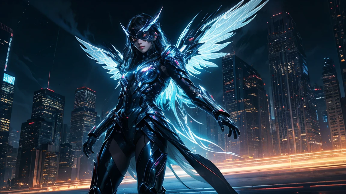 ((masterpiece, Highest quality, Best image quality, High resolution、4k)) An evil black masked female angel、Glowing white wings、Glowing halo、Huge railgun、Cyberface。Flowing White Cyber Robe、god々Shining with a bright light。Shiny advanced cybernetic enhancements. Seen in dynamic action poses, reflection on a smooth surface. The cityscape below is filled with towering skyscrapers., illuminated by colorful holographic advertisements, Shining with blue energy, Mighty power. The overall atmosphere is dark and mysterious., It had a futuristic techno vibe.. The lighting is dramatic, Intense highlights and deep shadows, Creates depth and tension