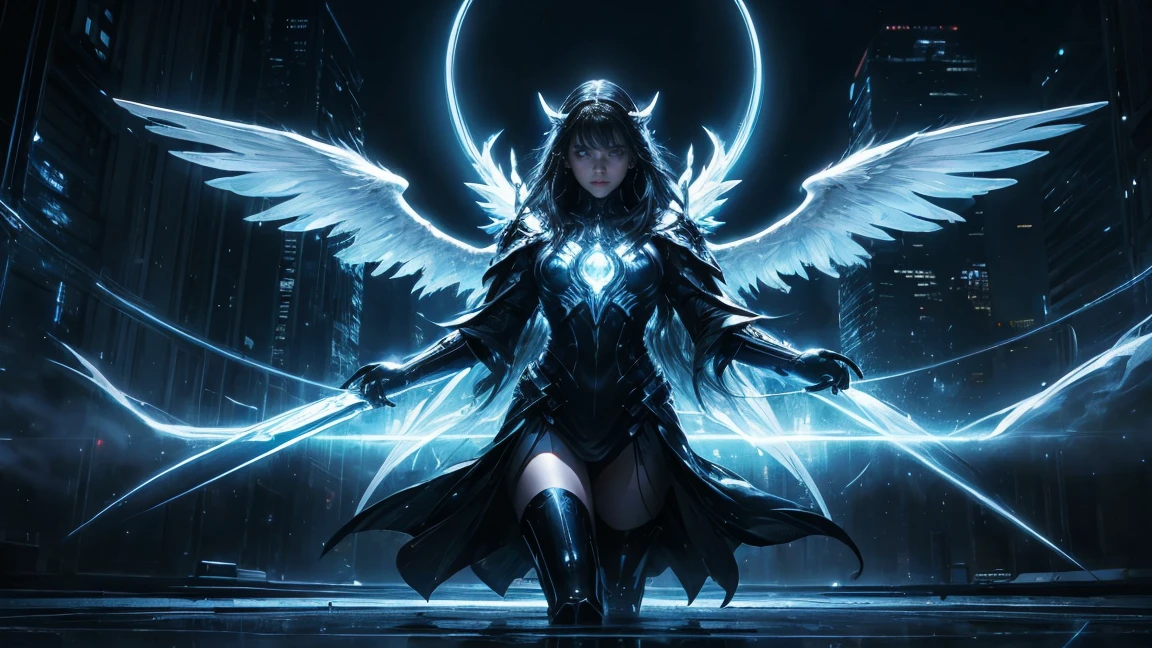 ((masterpiece, Highest quality, Best image quality, High resolution、4k)) An evil black masked female angel、Glowing white wings、Glowing halo、Huge railgun、Cyberface。Flowing White Cyber Robe、god々Shining with a bright light。Shiny advanced cybernetic enhancements. Seen in dynamic action poses, reflection on a smooth surface. The cityscape below is filled with towering skyscrapers., illuminated by colorful holographic advertisements, Shining with blue energy, Mighty power. The overall atmosphere is dark and mysterious., It had a futuristic techno vibe.. The lighting is dramatic, Intense highlights and deep shadows, Creates depth and tension