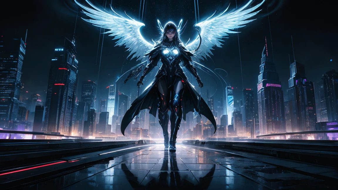 ((masterpiece, Highest quality, Best image quality, High resolution、４ｋ)) An evil black masked female angel、Glowing white wings、Glowing halo、Huge railgun、Cyberface。Flowing White Cyber Robe、god々Shining with a bright light。Shiny advanced cybernetic enhancements. Seen in dynamic action poses, reflection on a smooth surface. The cityscape below is filled with towering skyscrapers., illuminated by colorful holographic advertisements, Shining with blue energy, Mighty power. The overall atmosphere is dark and mysterious., It had a futuristic techno vibe.. The lighting is dramatic, Intense highlights and deep shadows, Creates depth and tension