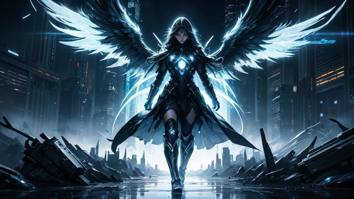 ((masterpiece, Highest quality, Best image quality, High resolution、４ｋ)) An evil black masked female angel、Glowing white wings、Glowing halo、Huge railgun、Cyberface。Flowing White Cyber Robe、god々Shining with a bright light。Shiny advanced cybernetic enhancements. Seen in dynamic action poses, reflection on a smooth surface. The cityscape below is filled with towering skyscrapers., illuminated by colorful holographic advertisements, Shining with blue energy, Mighty power. The overall atmosphere is dark and mysterious., It had a futuristic techno vibe.. The lighting is dramatic, Intense highlights and deep shadows, Creates depth and tension