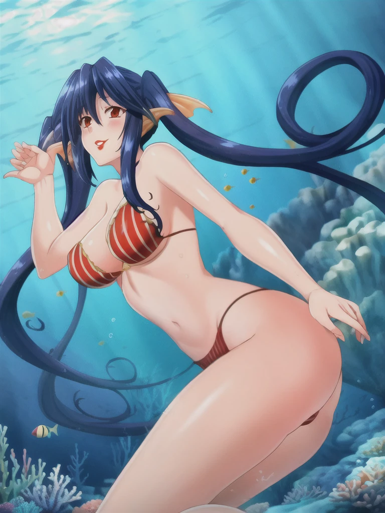 The mermaid, underwater sea, swim, coral, fish, fish ears, red lips, black hair, long hair, twintail hair, mermaid tail below waistline, eel mermaid tail,