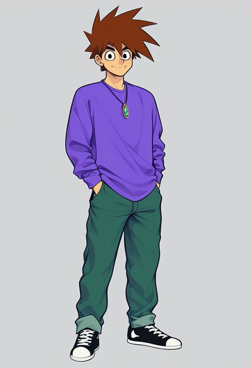 Score_9, Score_8_Up, Score_7_Up, Score_6_Up, Source_Anime, Gary Oak, Kanto Outfit, Pants, Purple Shirt, Looking at Viewer, Full Body, Pendant,smile