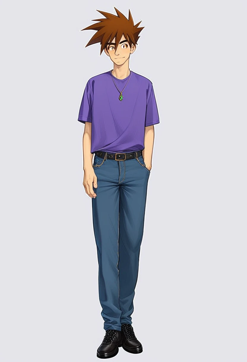 Score_9, Score_8_Up, Score_7_Up, Score_6_Up, Source_Anime, Gary Oak, Kanto Outfit, Pants, Purple Shirt, Looking at Viewer, Full Body, Pendant,smile