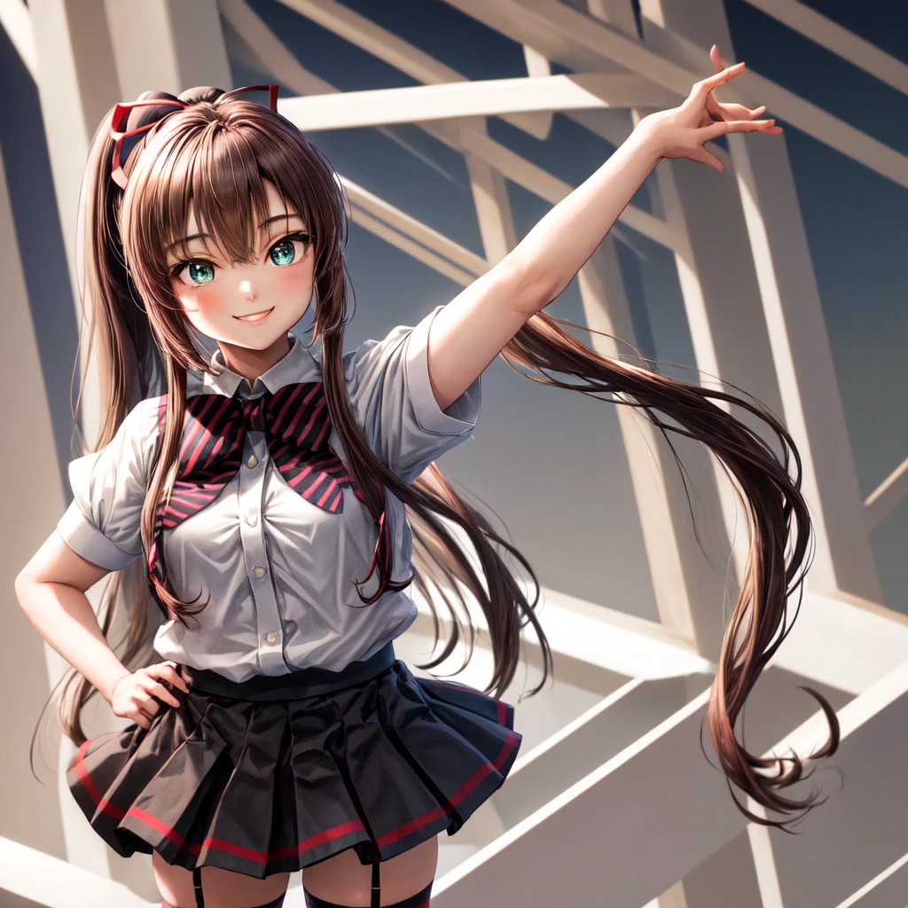 Masterpiece, best quality, height, 1girl kirasaka sayaka ribbon high ponytail, Striped bow tie sweater White shirt, short sleeves, black skirt, black thigh highs., smile