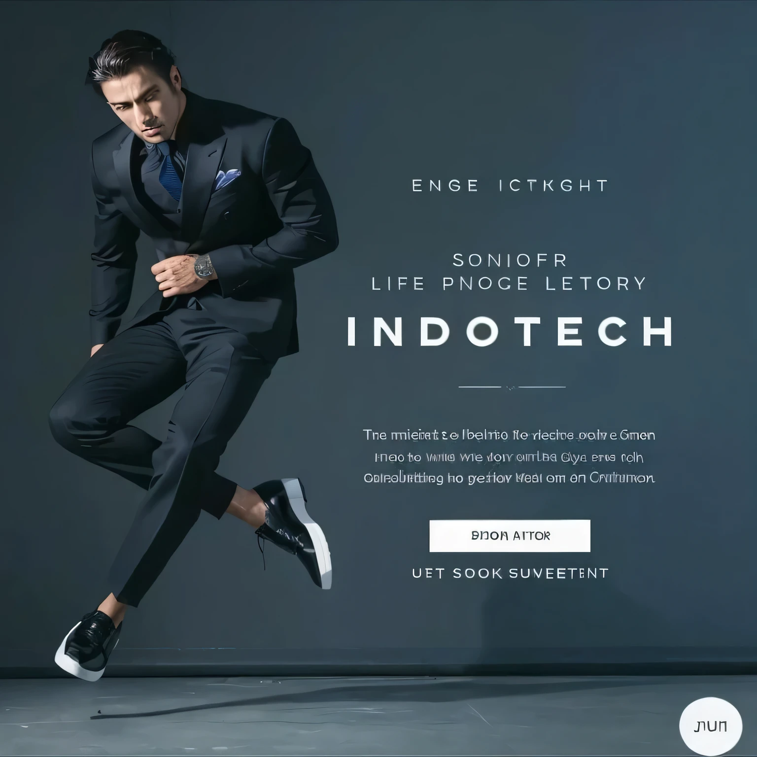 A sharply dressed man in a tailored, midnight-black suit leaps energetically in a stark, modern space, illuminated by a precise, intense light that showcases the suit's sleek lines and intricate fabric. His intense expression conveys determination and vitality, capturing a moment of graceful movement frozen in time. This vivid image, whether a photograph or a painting, exudes a striking sense of power and sophistication, making it a visually compelling work of art.