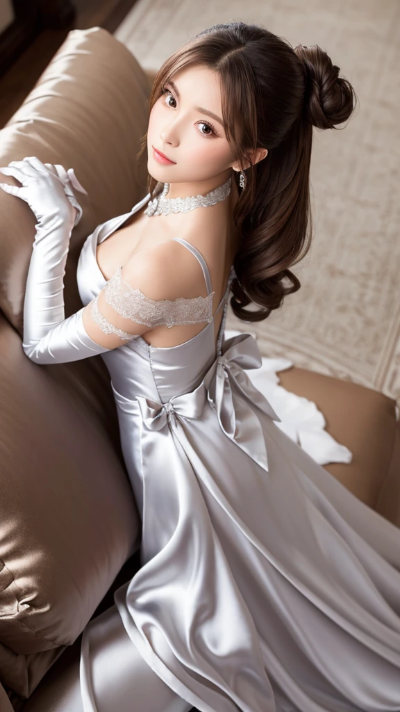 looking at the camera,View from the front,Princess line dress with large ribbon in silver silk satin,Silk satin gloves,View from above,Japanese,Brown Hair,Long Hair,Luxury,sofa,Bun Hair