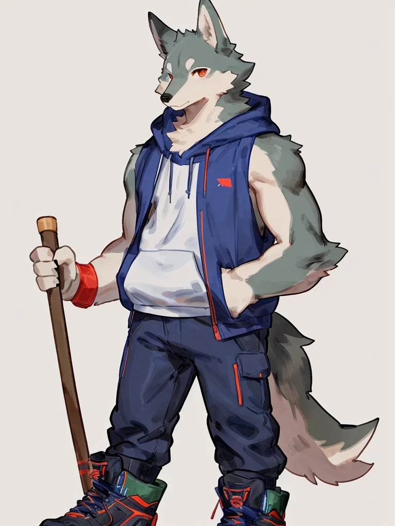 ((Best quality, masterpiece, detailed anatomy, detailed eyes, detailed hands, perfect lighting, perfect shading.)), by Buta99, by Bebebebebe, 1male, Wolf, furs, tight body, eyes, skinny chub body, young body, sleeveless hoodie, pants, boots, sketch line art, at the white background