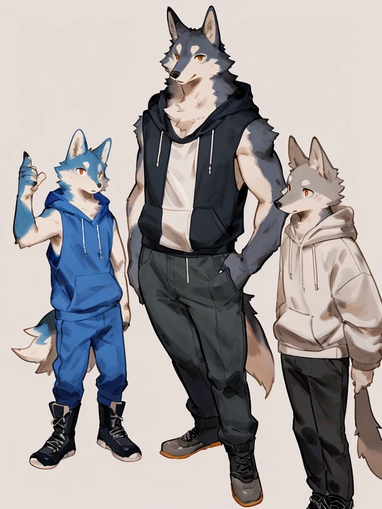 ((Best quality, masterpiece, detailed anatomy, detailed eyes, detailed hands, perfect lighting, perfect shading.)), by Buta99, by Bebebebebe, 1male, Wolf, furs, tight body, eyes, skinny chub body, young body, sleeveless hoodie, pants, boots, sketch line art, at the white background