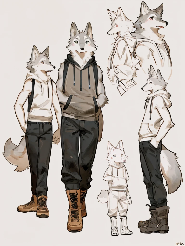 ((Best quality, masterpiece, detailed anatomy, detailed eyes, detailed hands, perfect lighting, perfect shading.)), by Buta99, by Bebebebebe, 1male, Wolf, furs, tight body, eyes, skinny chub body, young body, sleeveless hoodie, pants, boots, sketch line art, at the white background