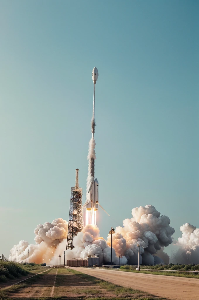 - A vivid scene of a rocket lifting off from the launch pad with the Sputnik I satellite visible.