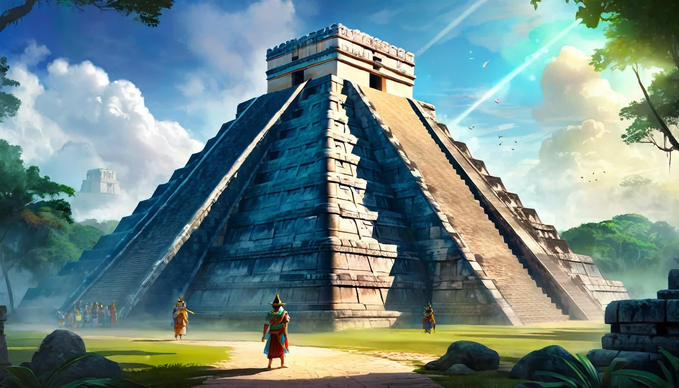 The Lost City of Chichen Itza is the heart of the ancient Mayan civilization, hidden in the dense jungle. Players will enter the world, where every corner is imbued with history and myths. In the center of the city rises the majestic Pyramid of Kukulcan, surrounded by temples and palaces, decorated with carvings and frescoes, telling about the exploits of gods and heroes, digital painting, location, location из игры, большая location, glowing effects in the background, fog in the foreground with glow effects, colorful, cute style, anime style, огромная игровая location, shimmering treasures, attention-grabbing