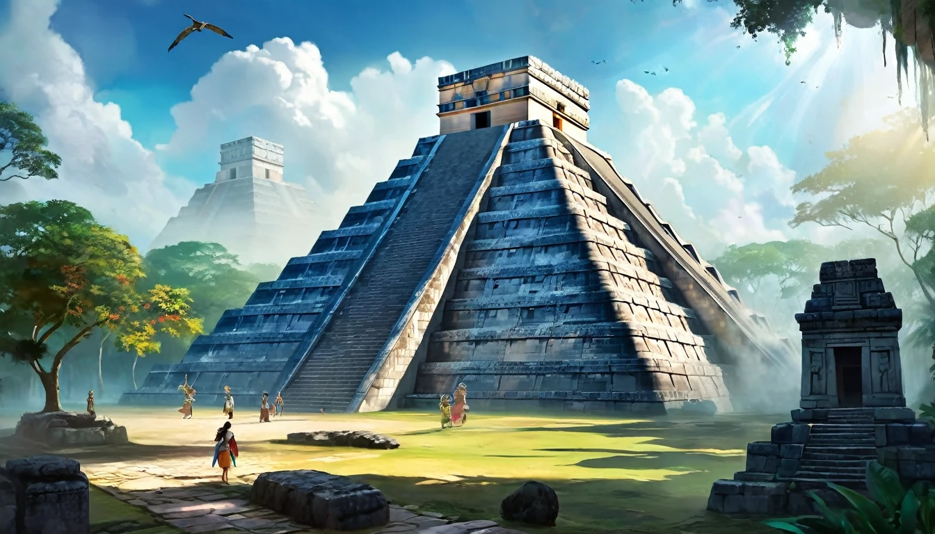 The Lost City of Chichen Itza is the heart of the ancient Mayan civilization, hidden in the dense jungle. Players will enter the world, where every corner is imbued with history and myths. In the center of the city rises the majestic Pyramid of Kukulcan, surrounded by temples and palaces, decorated with carvings and frescoes, telling about the exploits of gods and heroes, digital painting, location, location из игры, большая location, glowing effects in the background, fog in the foreground with glow effects, colorful, cute style, anime style, огромная игровая location, shimmering treasures, attention-grabbing