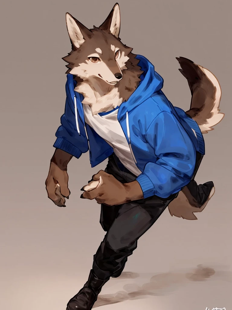 ((Best quality, masterpiece, detailed anatomy, detailed eyes, detailed hands, perfect lighting, perfect shading.)), by Buta99, by Bebebebebe, 1male, Wolf, brown furs, tight body, dark brown eyes, skinny chub body, young body, blue sleeveless hoodie, black pants, brown boots, at the white background