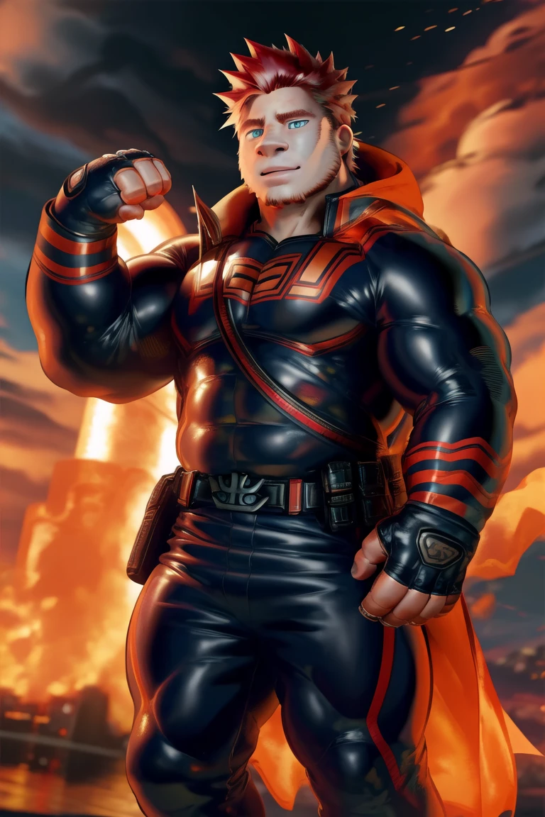 (masterpiece, best quality:1.2), endeavor, muscular male human, large pectorals, expressionless,superhero, blue bodysuit, fingerless gloves, fire, (pose:1.3), (posing:1.3), (soft shading), 4k, hi res, five fingers, detailed hands, ((detailed face, (detailed eyes:1.3), detailed)), (full body),(by takahirosi:1.5), solo, looking at viewer, 1boy, standing, full body, male focus,human focus, abs, biceps, flexing, smile